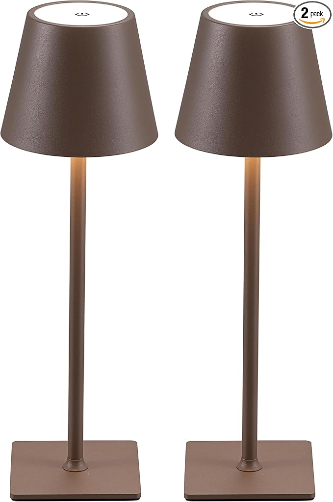 KDG 2 Pack Cordless Table Lamp,Portable LED Desk Lamp, 4000mAh Battery Operated, 3 Color Stepless Dimming Up, for Restaurant/Bedroom/Bars/Outdoor Party/Camping/Coffee Shop Night Light(Brown)
