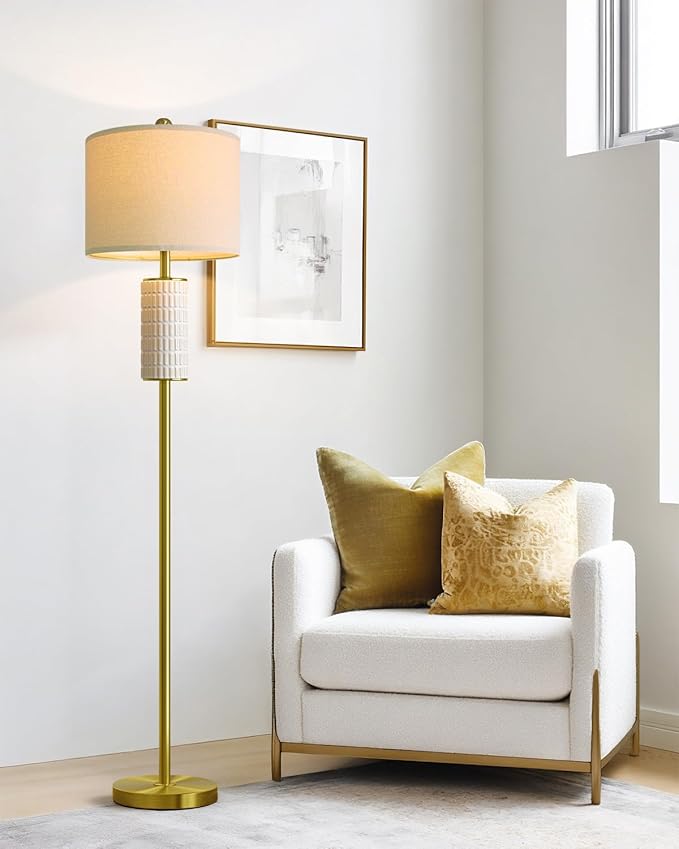 PoKat Gold Ceramic Floor Lamp for Living Room Bedroom, 64" Modern Standing Lamp with Rotary Switch, Tall Living Room Lamp Decor for Reading Corner, Home Office, Nursery, Brushed Gold