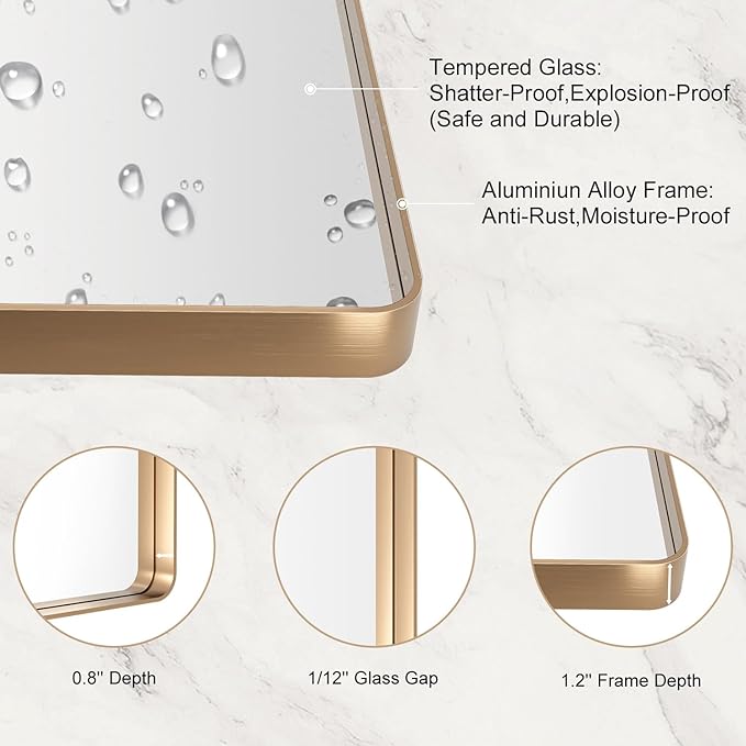 LOAAO 24”X36” Gold Bathroom Mirror, Rounded Rectangle Gold Frame Mirror