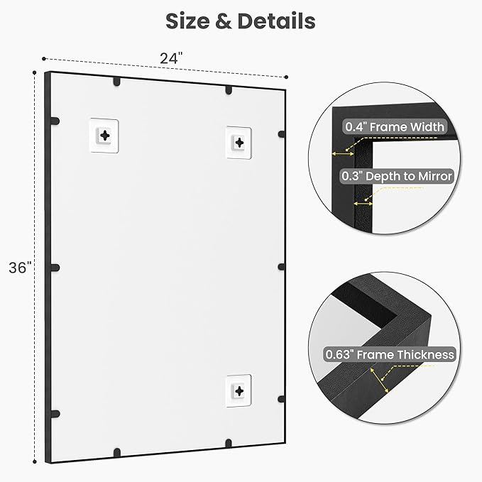 24''x36'' Matte Black Bathroom Mirror | Deep-Set Recessed Metal Frame |