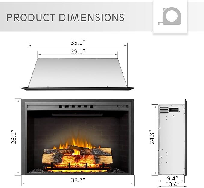 LegendFlame Carl 39" W Electric Fireplace Insert, Fireplace Heater 750/1500W