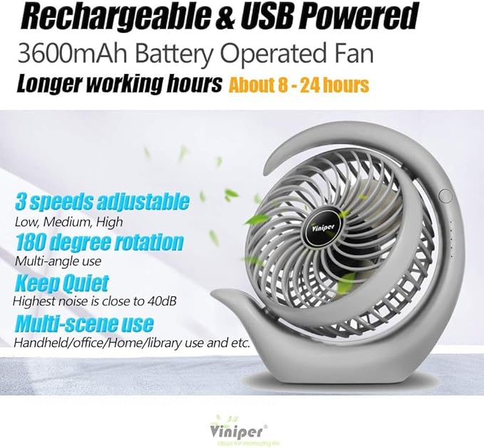 Viniper Portable Rechargeable Fan, Small Desk Fan : 3 Speeds & about 8-24 Hours
