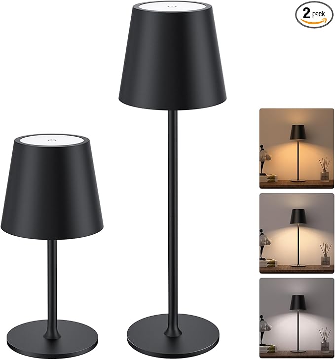 JACKYLED Cordless Table Lamps Rechargeable, 3 Adjustable Height, 5000mAh Battery Operated, 3 Colors Smooth Dimming, Portable LED Waterproof Table Lamp for Dining, Bedroom, Outdoor (2 Pack)
