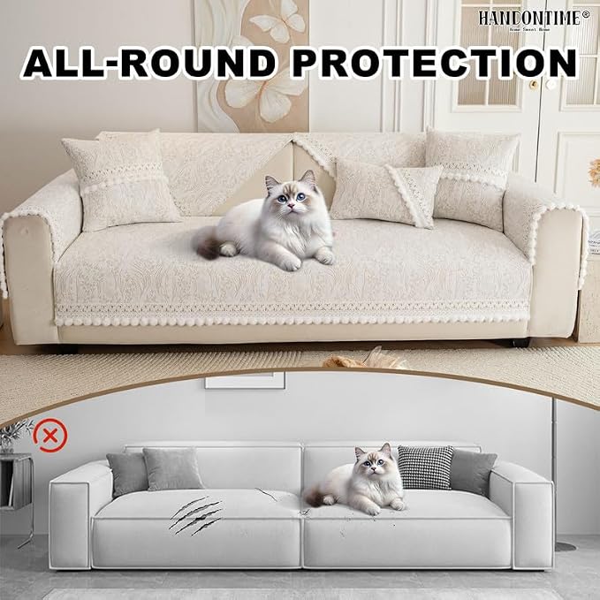 HANDONTIME Chenille Pet Couch Cover Floral Pattern – Soft Fringed Edges, Non-Slip Washable Sofa Slipcover, Jacquard Sofa Cushion Cover, Protects Furniture from Dogs, Cats & Kids (Khaki,35.4" x 82.7")