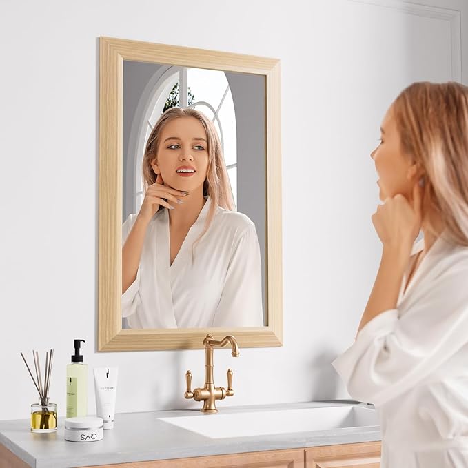 Amorho Bathroom Mirror for Wall, 20X30 Inch Oak Wood Grain Metal Framed Mirror