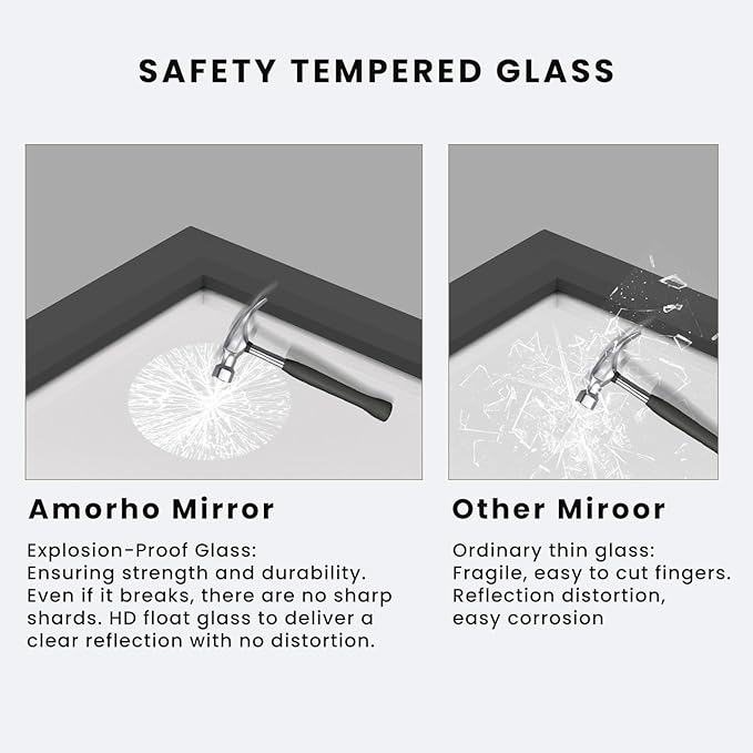 Amorho Bathroom Mirror Black, 44x36 Inch Thick Metal Framed Wall Mirrors