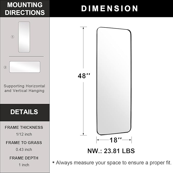 ANDY STAR 18" x 48" Full Length Wall Mirror, Large Black Mirror