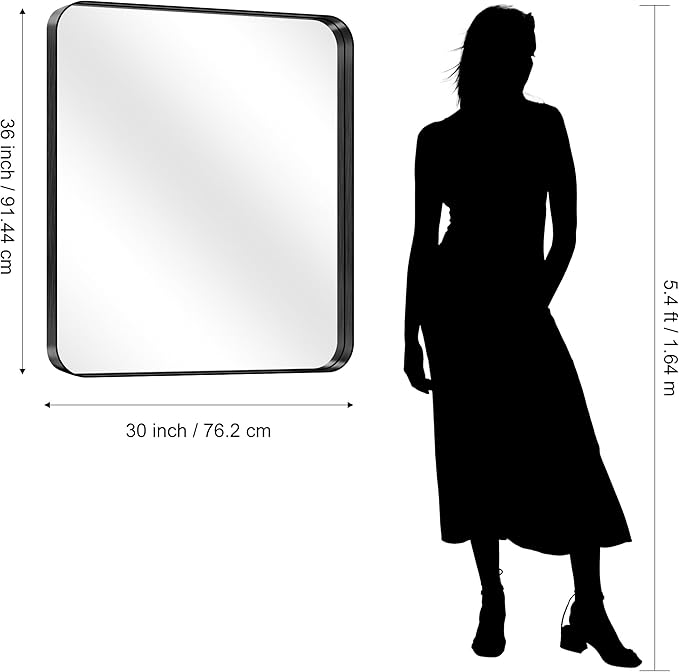CIRCUMI Black Bathroom Mirror, Rounded Corner, Tempered Glass, Mirror