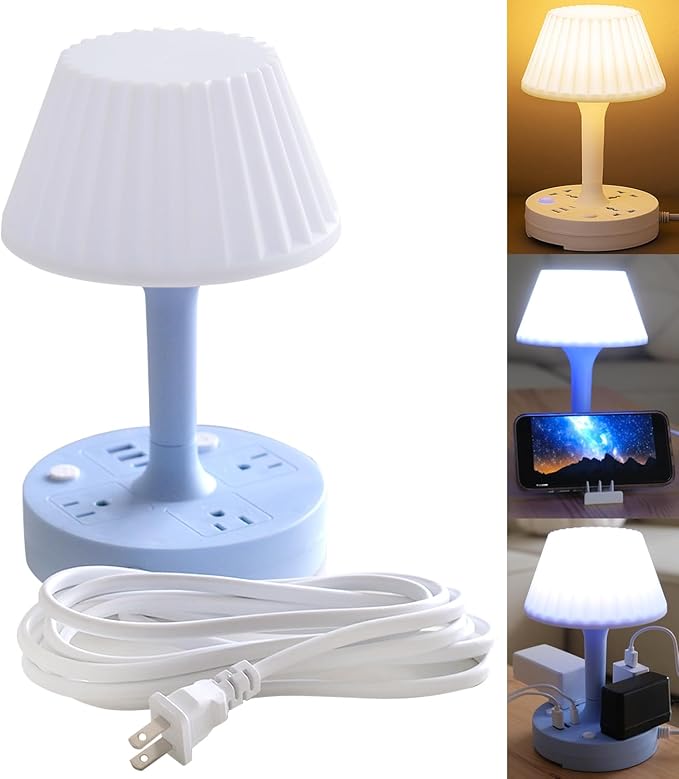 Table Lamp with USB Port and Outlet, Small Desk Lamp for Bedroom, 3-Colors Dimmable LED Lamps Eye Care Night Stand Lights, USB Charging Desk Lights for Home Office/Living Room