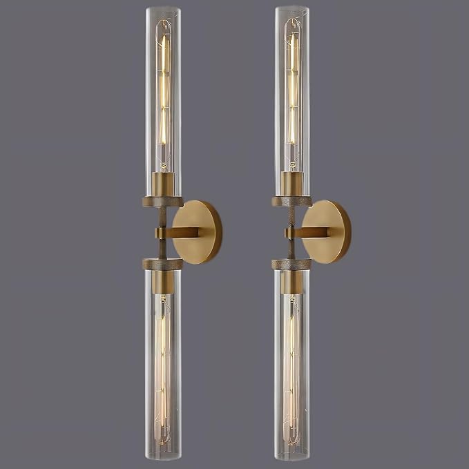 Brass Wall Sconces, 30in Gold 2-Light Double Glass Sconces Wall Lighting, Bathroom Knurled Vanity Light Sconces, Wall Lights for Living Room Bedroom(Including Bulb)