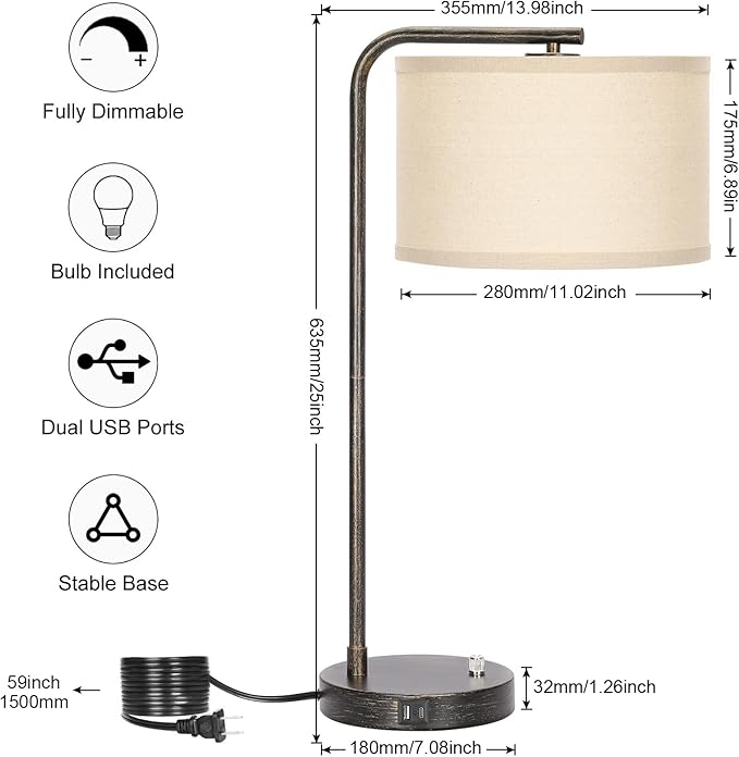 Seaside village Bedside Table Lamp with USB C+A Charging Ports, Fully Dimmable Industrial Tall Nightstand Reading Desk Lamp for Bedroom, Living Room, Office, 9W LED Bulb Included