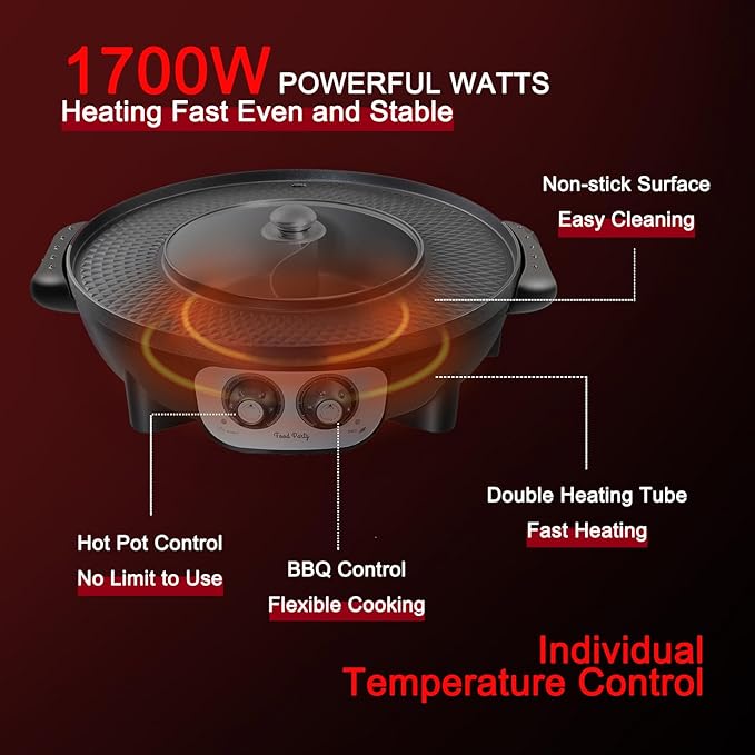 Food Party Hot Pot with Grill 2 in 1 Electric Smokeless Grill and Hotpot Pot