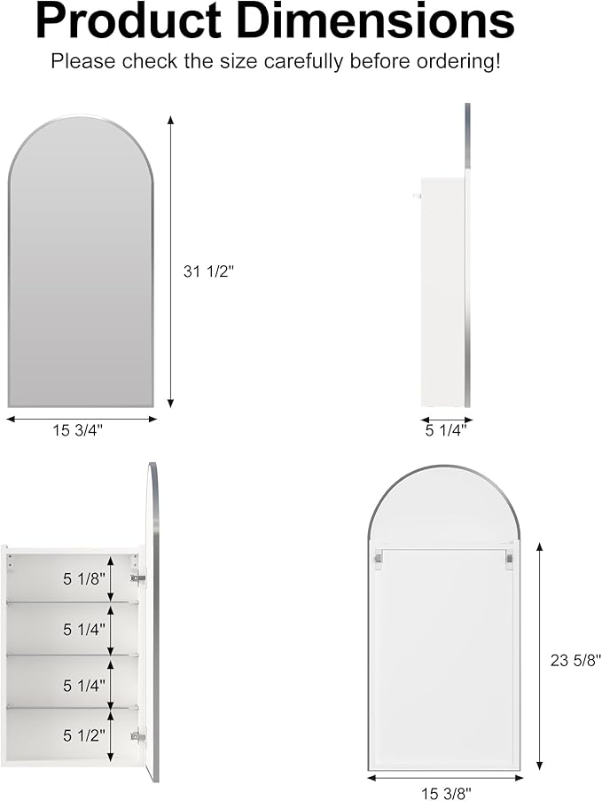 Arched Medicine Cabinets with Mirror, Wall Mounted Brushed Nickel Mirror Cabinet