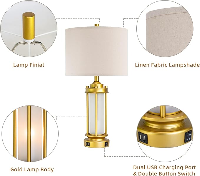 Set of 2 Modern Table Lamps for Living Room, Farmhouse Vintage Bedside Lamp with 2 USB Ports Glass Nightlight, Gold Nightstand Desk Lamps for Entryway Bedroom Dresser, 4 Bulbs Included