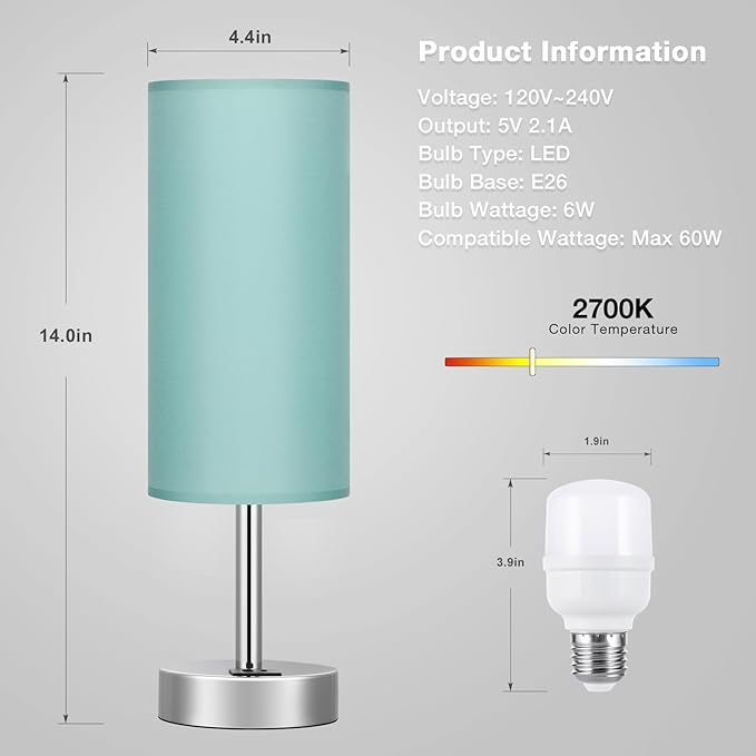Teal Touch Bedside Lamps for Bedroom - Small Coastal Nightstand Lamp with USB-C and USB A Charging Ports, 3 Way Dimmable Control Table Lamp for Office, Dorm with Fabric Shade Silver Base