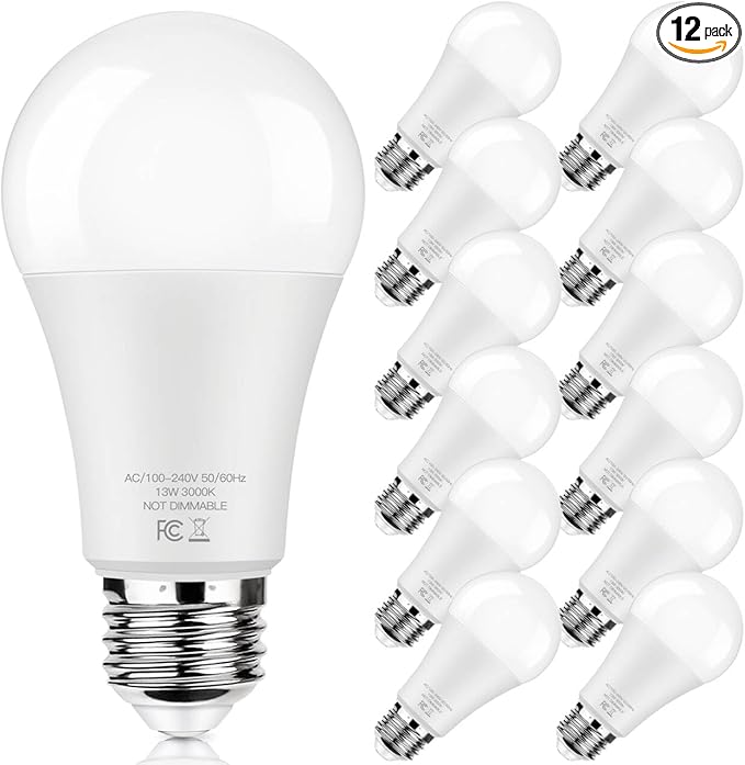 LED Light Bulbs 100W Equivalent 1500 Lumens, A19 13W 3000K Soft White Non-Dimmable, Super Bright No Flicker Standard E26 Edison Screw Bulbs for Home, Bedroom, Office Lamp, 12-Pack