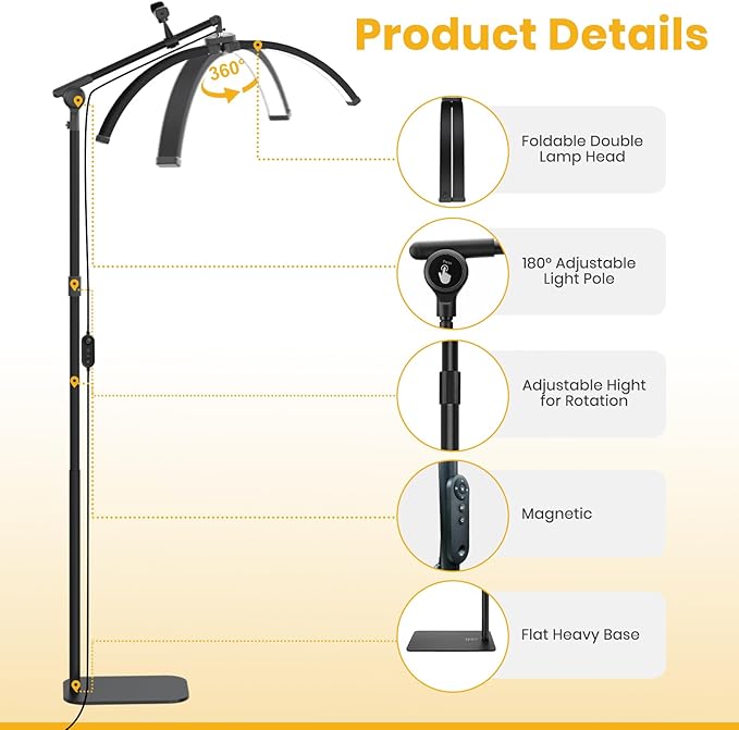 LASTAR LED Lash Light for Eyelash Tech – Half Moon Floor Lamp with Adjustable Brightness, Warm-to-Cool Lighting & Built-in Phone Holder – Ideal for Tattoo Artists, Estheticians & Lash Experts