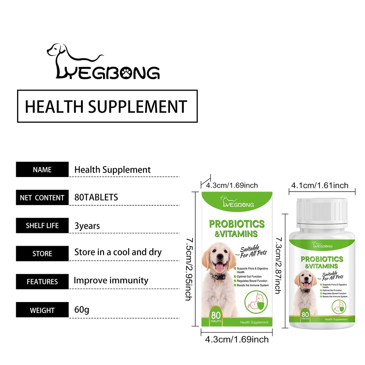 Pet Probiotics & Vitamin Tablets For Dogs & Cats, Gut Health Supplement, Support Digestion & Immune System, 80 Chewable Tablets