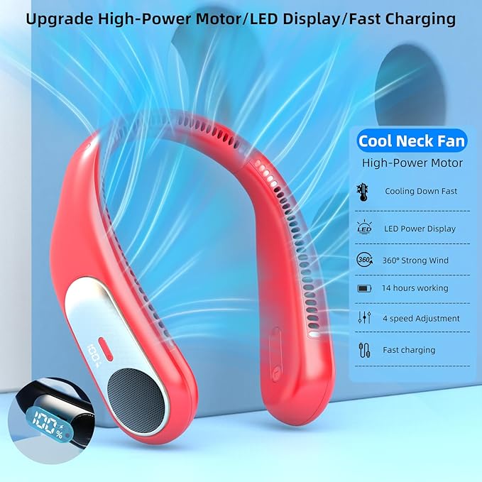 Portable Neck Fan, Personal Wearable Bladeless Fan, LED Display, 6000mAh USB