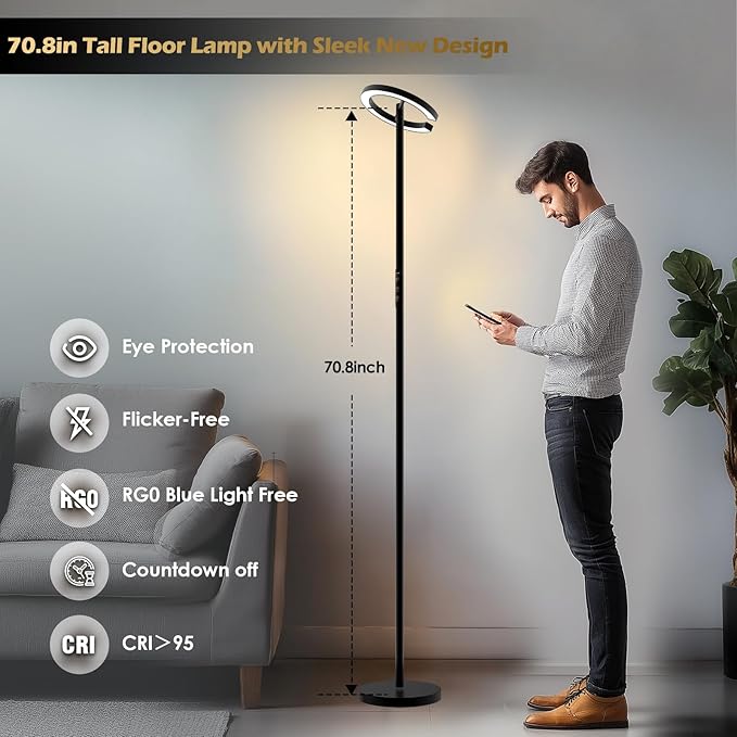 Floor Lamps for Living Room, 24W LED Floor Lamp with Remote, 70.8" Tall Standing Reading Lamp, 7-Level Brightness 4 Color Temps, Rotatable Modern Corner Lamp with Timer for Bedroom Home Office, Black