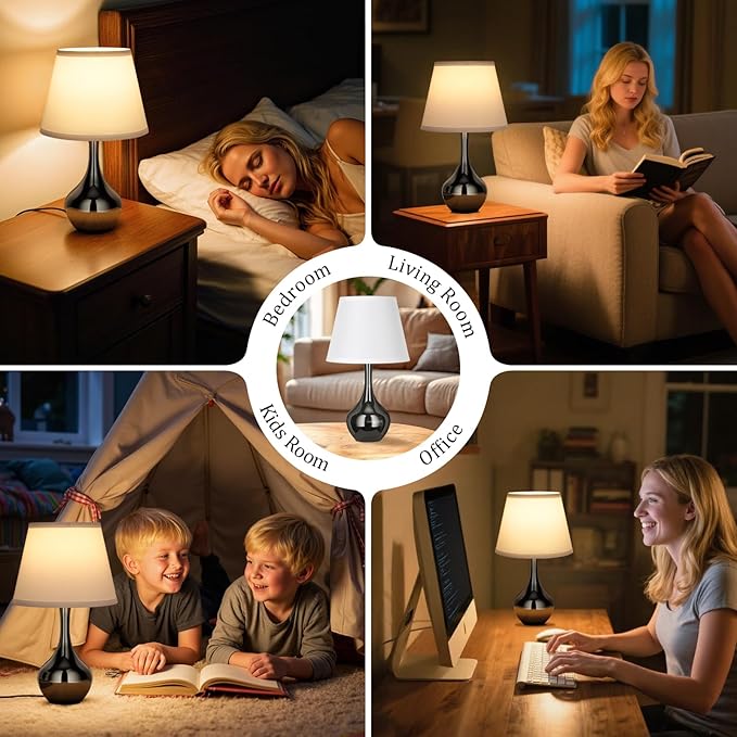 Seealle Touch Touch Table Lamps for Nightstand, 3-Way Dimmable Small Bedroom Lamps for Night Stands, Pearl-Black Bedside Lamps for Living Room, Kids Room, End Table(LED Bulb Included)