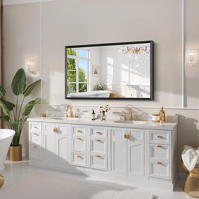 Black Bathroom Mirror 30 x 50 Inch Rectangle Wave Beveled