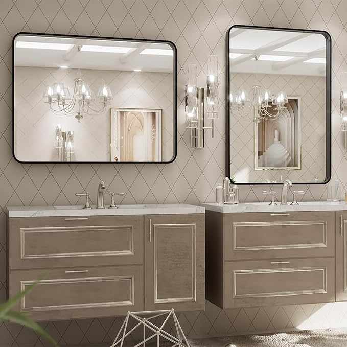 LOAAO 32x36 Inch Black Metal Framed Bathroom Mirror