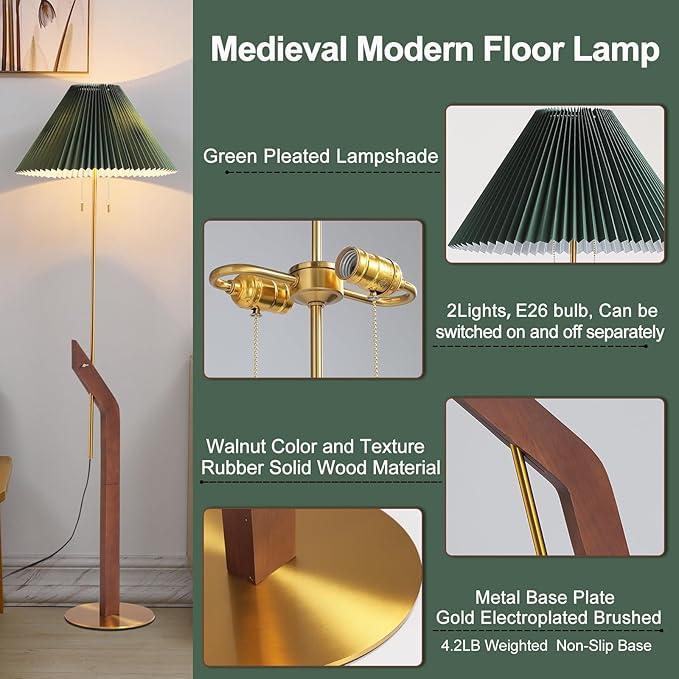 Floor Lamps for Living Room,Mid Century Modern Wood Floor Lamp,Height Adjustable Study Room,Bedroom,Office Vintage Tall Standing Glod Floor Lamp,Green Pleated Lampshade