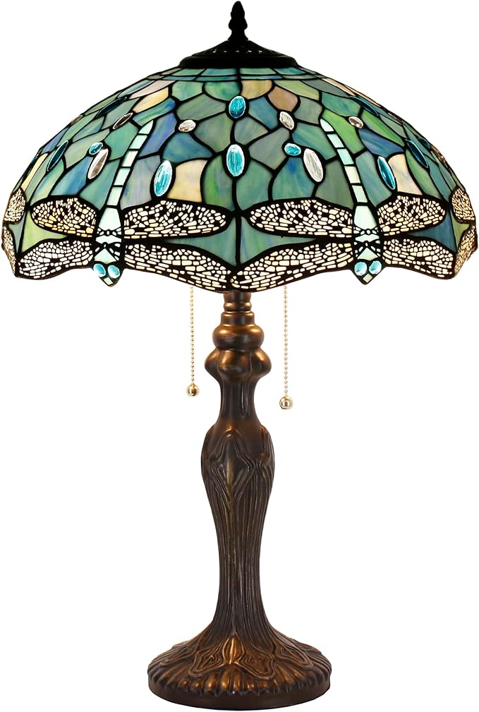 Tiffany Table Lamp Sea Blue Stained Glass Dragonfly Style 16X16X24 Inch Antique Reading Light