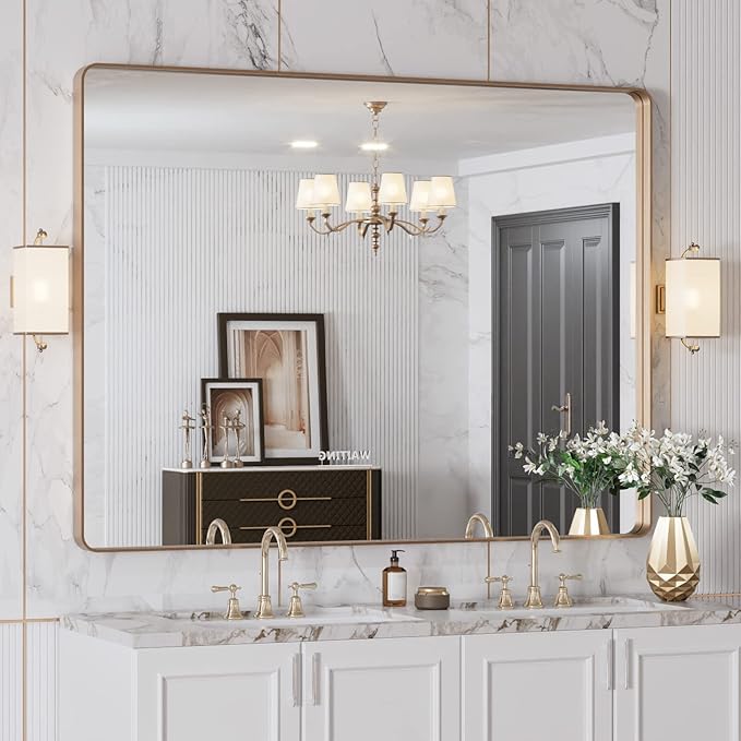 LOAAO 48”X36” Gold Bathroom Mirror, Rounded Rectangle Gold Frame Mirror