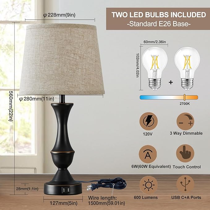 Luvkczc Upgraded Touch Table Lamps Set of 2, 22" Tall Bedside Lamps with USB C+A Ports, Dimmable Nightstand Lamps for Bedroom, Living Room, Office, Black Lamp with Beige Lampshade, Bulb Included
