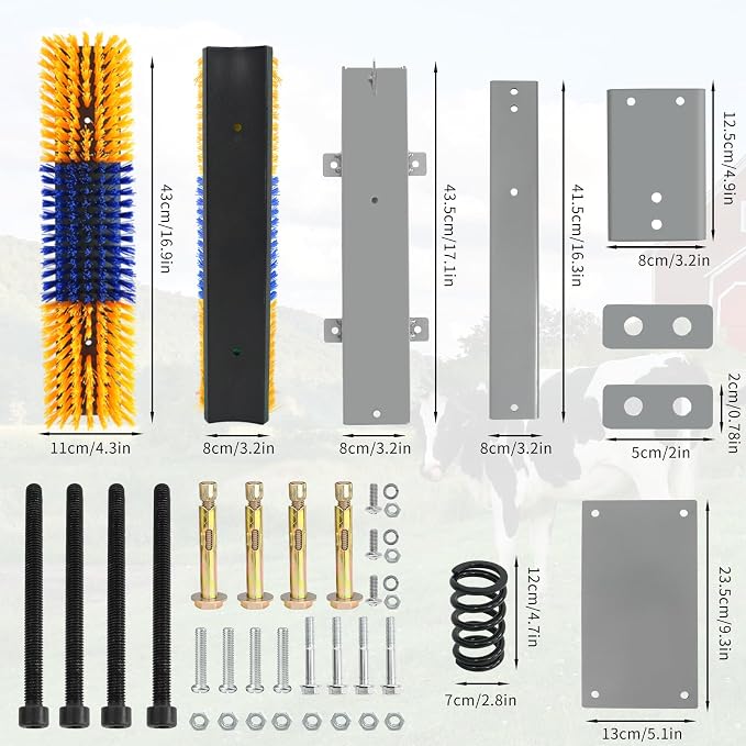 Livestock Scratch Brush With Spring Iron Holder,Animal Back Scratching Brush Including 4pcs goat brushes, 4 stands and accessories For Cow,Cattle,Sheep, Horses,Pigs,Massage Grooming Tool(Yellow)