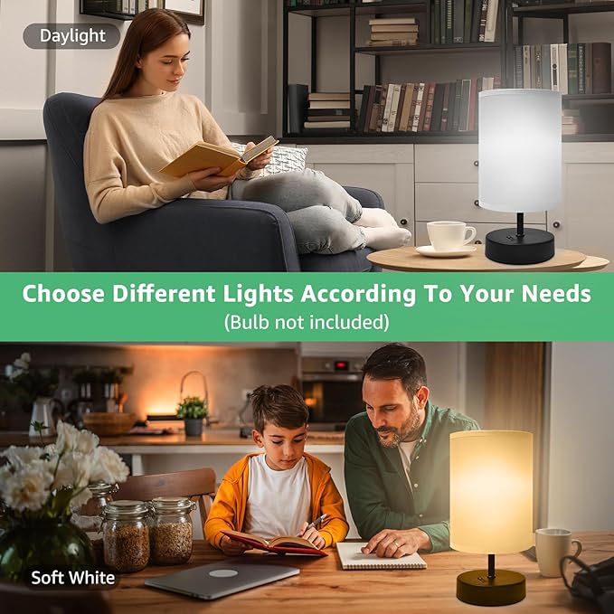 Small Lamp for Bedroom, Bedside Lamps for Night Stands, Mini Minimalist Table Lamp with Round Gray Fabric Shade, 9 Inch Desk Reading Lamp for Dorm Room Living Room Office Room, 2 Pack