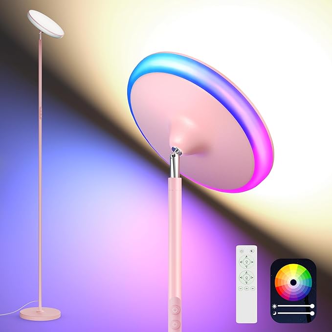 Bright Floor Lamp,42W 3700LM LED Torchiere Floor Lamps for Living Room, 71in Modern Tall Standing Light with Remote,Color & Brightness Dimmable Room Lamps,1/2/3H Timer for Bedroom,Office (Pink)