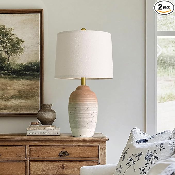 24.5" Vintage Ceramic Table Lamp - Single Farmhouse Rustic Bedside Lamp with Natural Textured Finish, Nightstand Lamps for Living Room, Bedroom, End Table, Office White and Brown