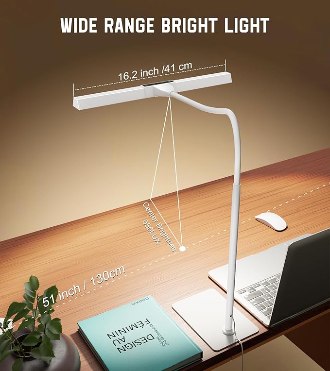 LED Desk Lamp for Home Office with Base, Eye-Caring Architect Task Light with Adjustable Gooseneck 12W USB Adapter Touch Control 5 Dimmable Brightness & Color Tall Lamp for Work,Reading,Craft