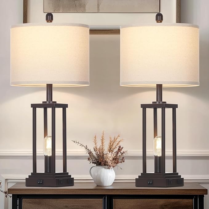 27" Tall Farmhouse Table Lamps Set of 2, Brown Industrial End Table Lamp for Living Room with Night Light, Rustic Bedside Lamps with USB C+A Ports & AC Outlet, Vintage Bedroom Lamp for Nightstand