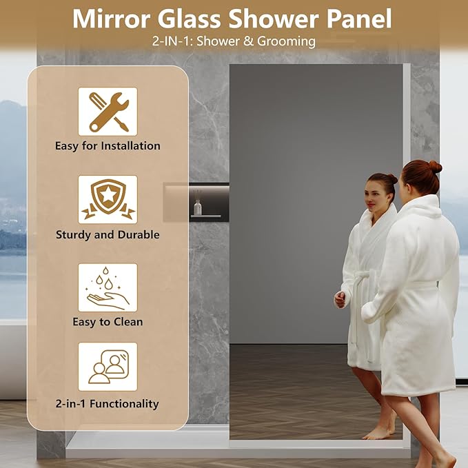 36"x76" Fixed Glass Shower Door, Single Mirror Privacy 3/8" Thick Tempered Glass