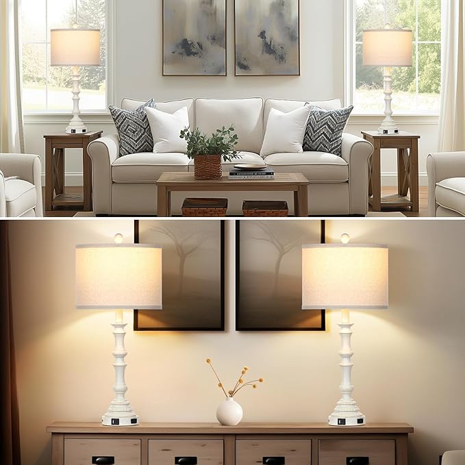 27.5" Farmhouse Table Lamps Set of 2 with USB C+A Ports & AC Outlet for Vintage Living Room Retro Bedroom,3-Way Dimmable Touch Lamp Resin Bedside Lamps for Nightstand Side End Table,White-1