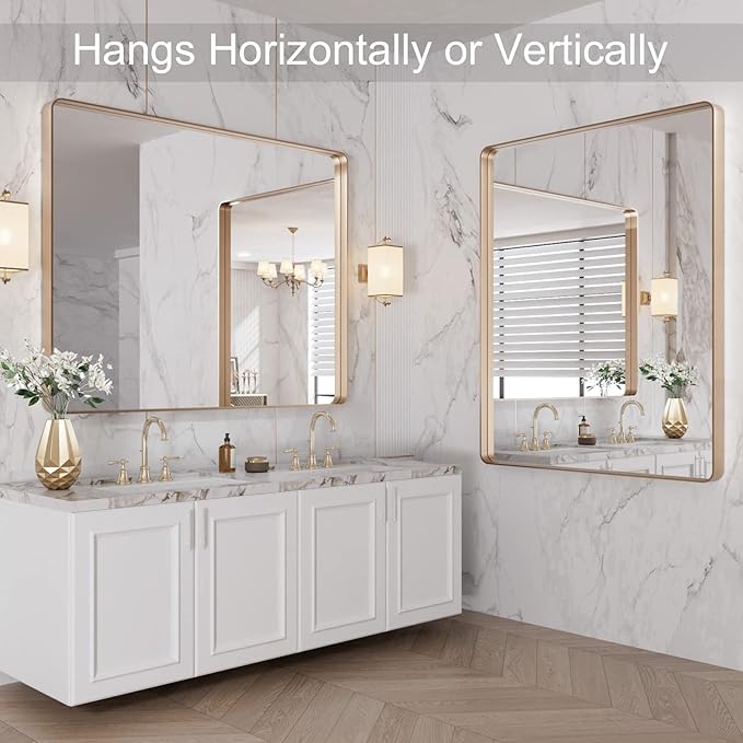LOAAO 40”X36” Gold Bathroom Mirror, Rounded Rectangle Gold Frame Mirror