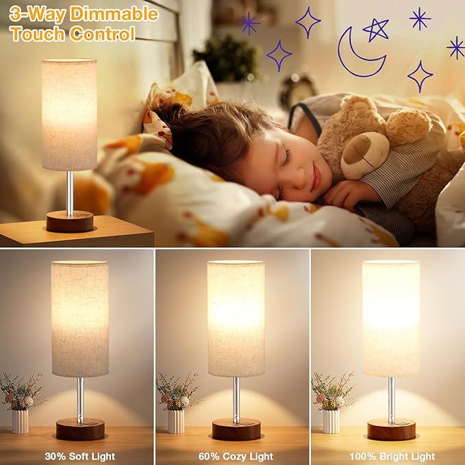 Dicoool Touch Bedside Table Lamp with USB - 3 Way Dimmable Redwood Lamps for Bedroom Nightstand, Desk Lamp with Charging Station for Dorm, Living Room, Office, Kids Room, Nursery