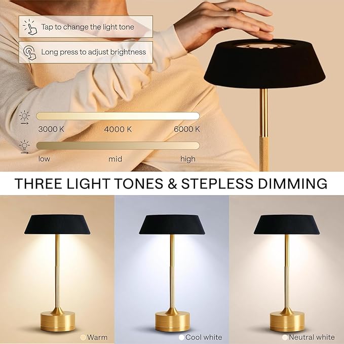 LED Cordless Table Lamp - Rechargeable Light for Home, Bedside, Kitchen - Small Dimmable Tap Lights - Battery Powered Touch Lamp for Desk Wireless - Black and Gold Lamp Shades, IP44, USB Type C Cable