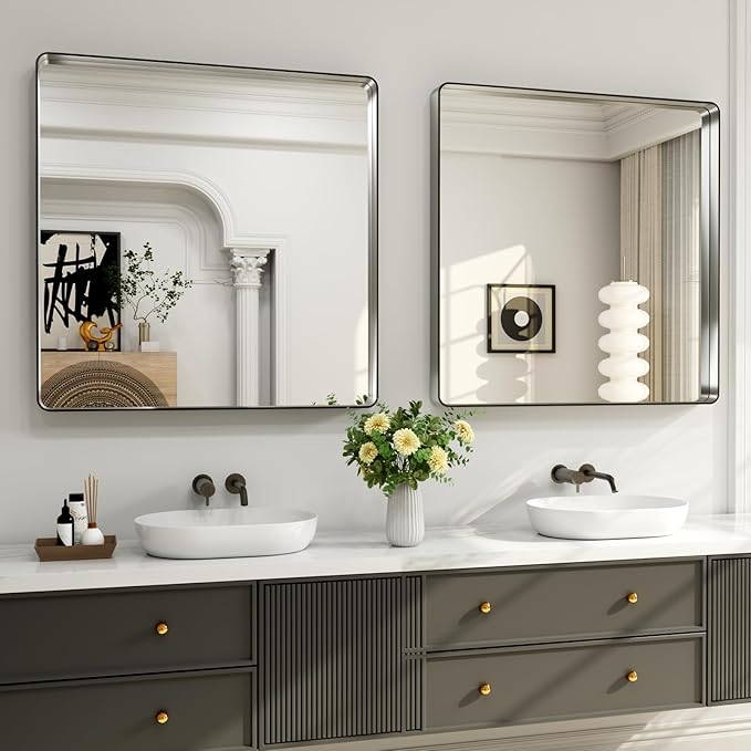 LOAAO 38X38 Inch Brushed Nickel Bathroom Mirror, Rounded Rectangle Silver Metal