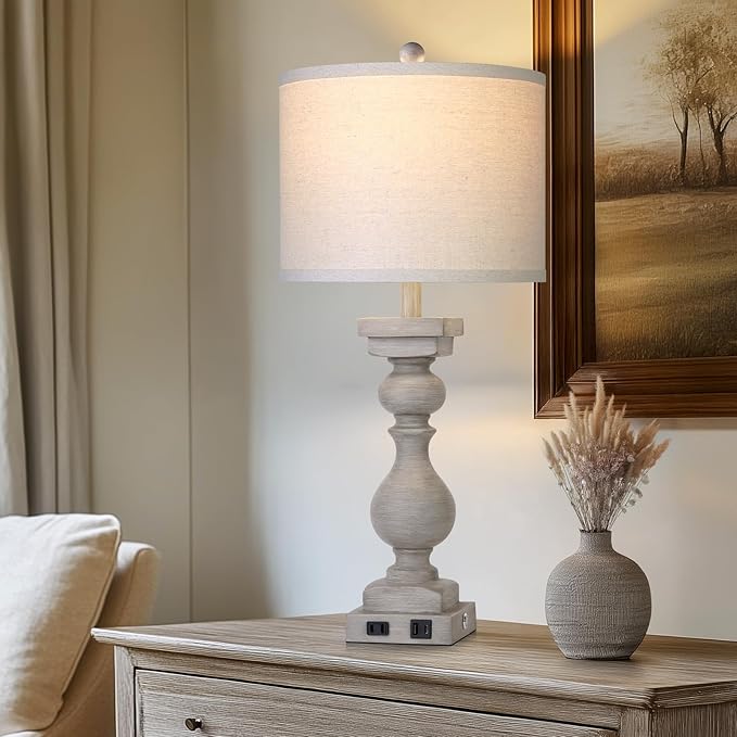 28" Tall Farmhouse Table Lamps Set of 2 with USB C+A Ports and AC Outlet, 3 Way Touch Tall Rustic Bedside Lamps for Living Room, Grey Vintage Lamps for Bedroom