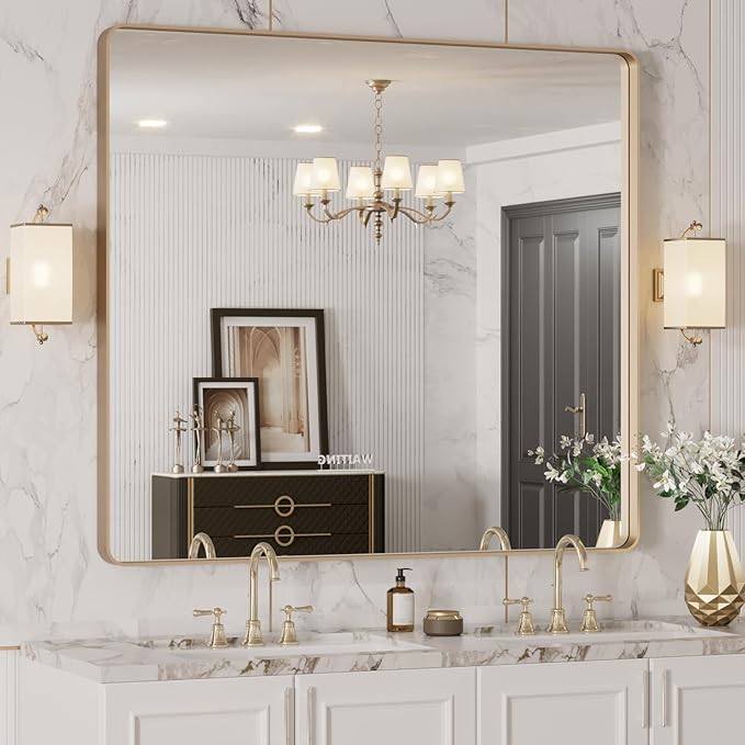 LOAAO 40”X36” Gold Bathroom Mirror, Rounded Rectangle Gold Frame Mirror