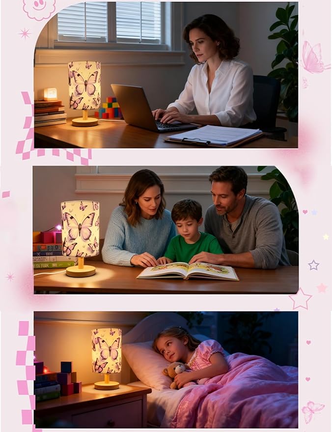 Butterfly Lamp, Butterfly Lamps for Girls Bedroom,3 Color Night Light Wood Nightstand Desk Base Flaxen Fabric Shade for Bedroom Living Room, Butterflys Lovers Gifts, LED Bulb Included(purple lamp)