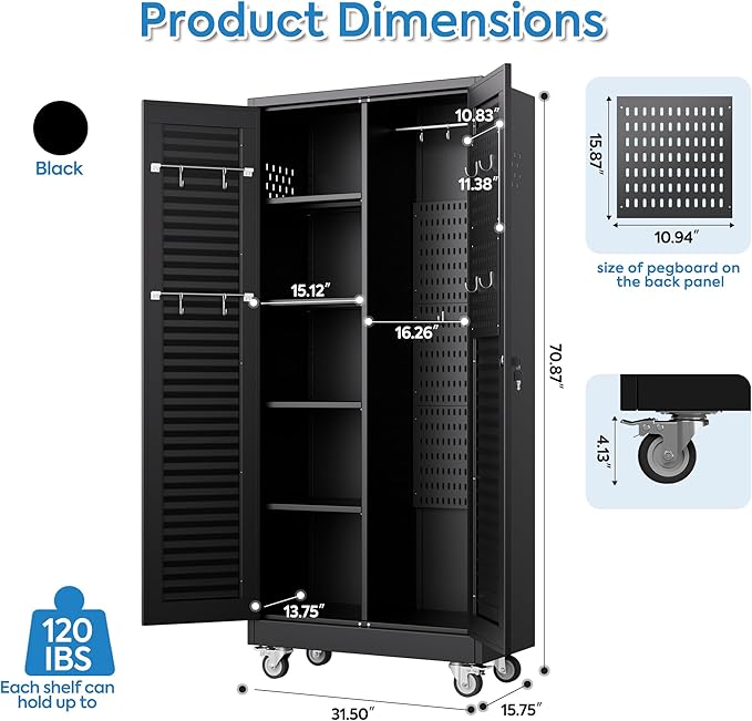 SUXXAN Broom Closet with Wheels 71"x 31.5"x15.75", Metal Cleaning Cabinets with
