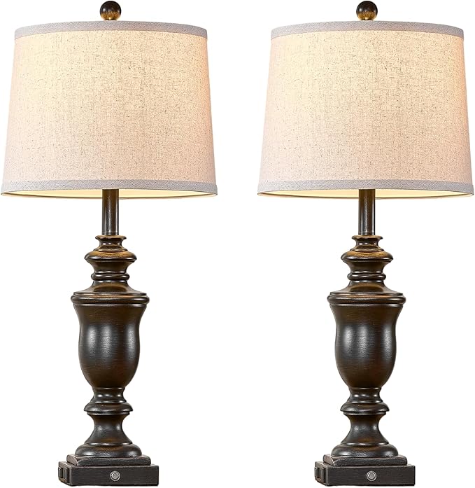 27.5" Set of 2 Farmhouse Table Lamps for Bedroom, 3 Way Dimmable Bedside Lamp with 2 USB +AC Outlet Nightstand Lamps for Living Room Resin Rustic Touch Lamps (Antique Black)