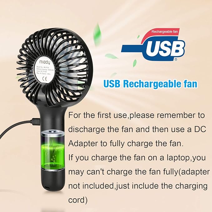 Miady 2-Pack Upgraded 5000mAh Portable Handheld Fan 3 Speed Mini USB Strong