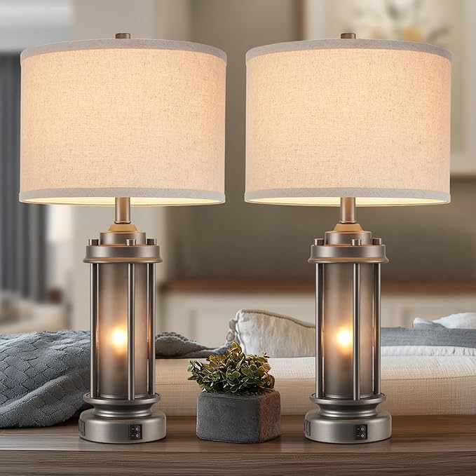 Industrial Metal Table Lamps Set of 2 Living Room Bedroom, 2 USB Ports Bedside Lamp with Glass Nightlight, Modern Desk Lamp for Entryway Office End Table, 4 Bulbs Included